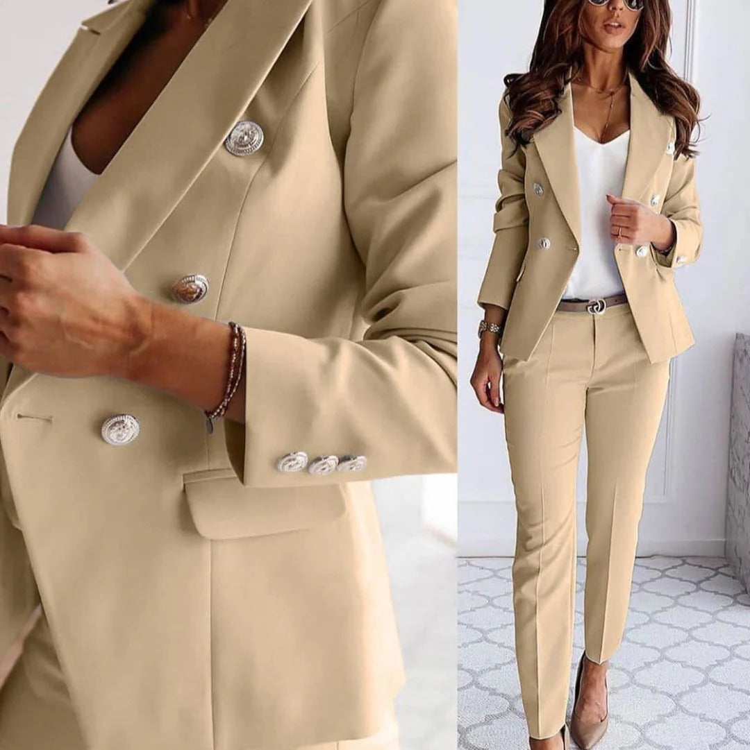 Women's double-breasted blazer tailored trousers set sharp structured straight-leg professional style