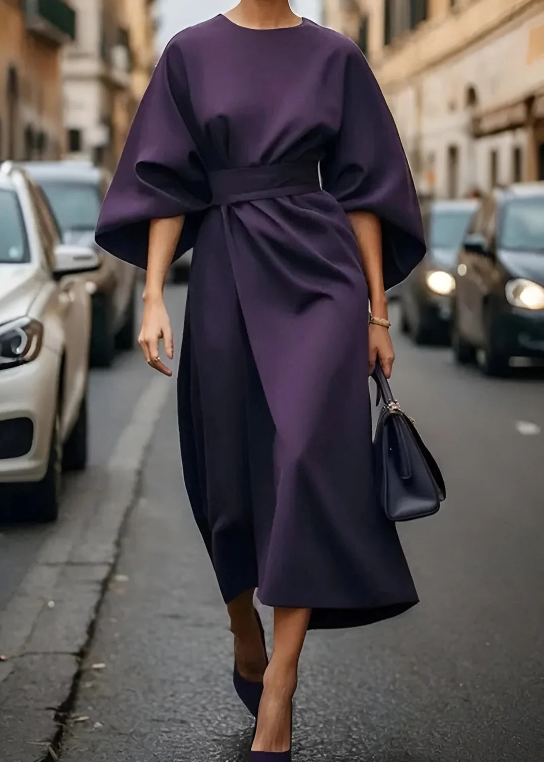 Women's loose fit belted kimono sleeve maxi dress flowing silhouette breathable waist tie