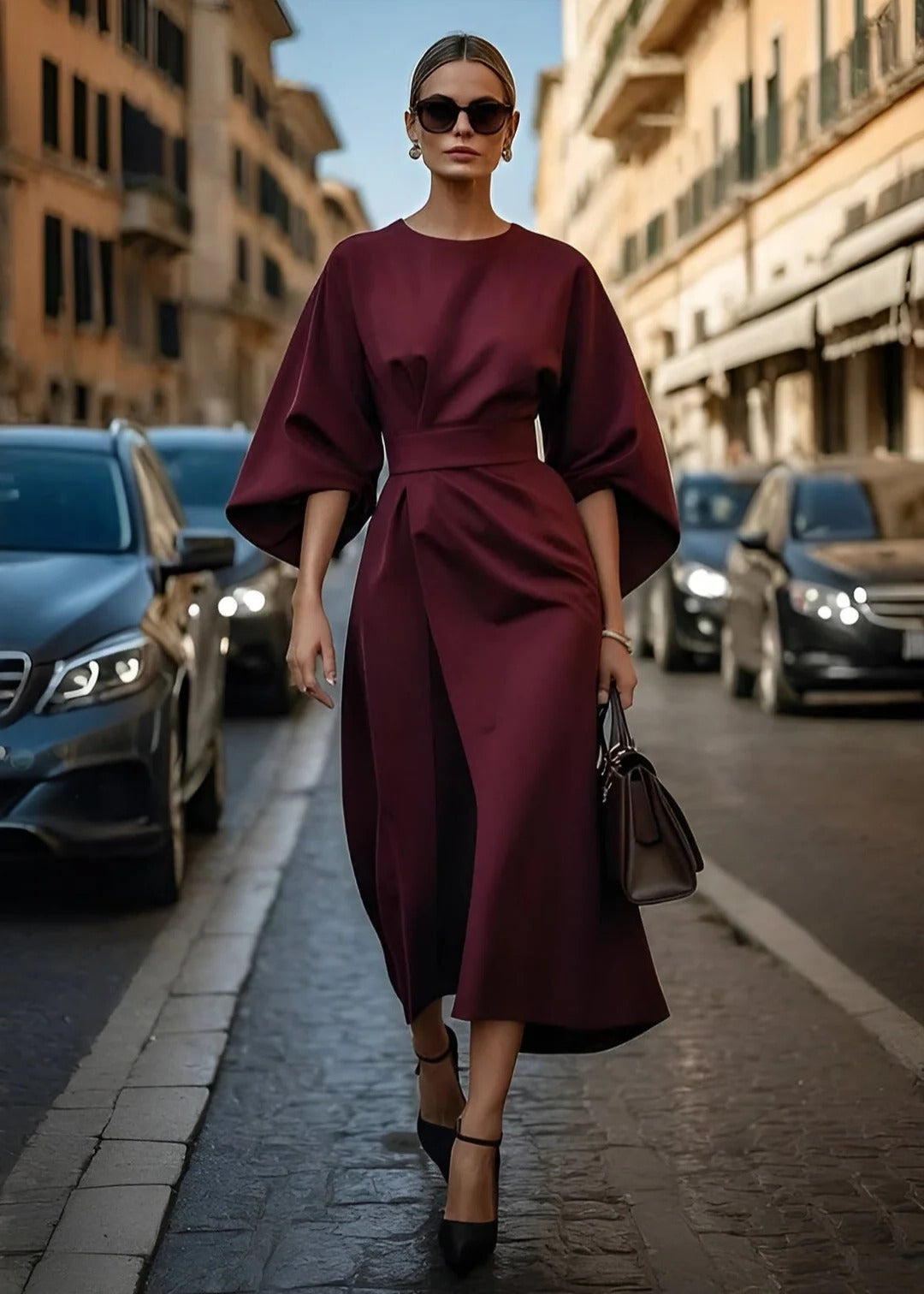Women's loose fit belted kimono sleeve maxi dress flowing silhouette breathable waist tie