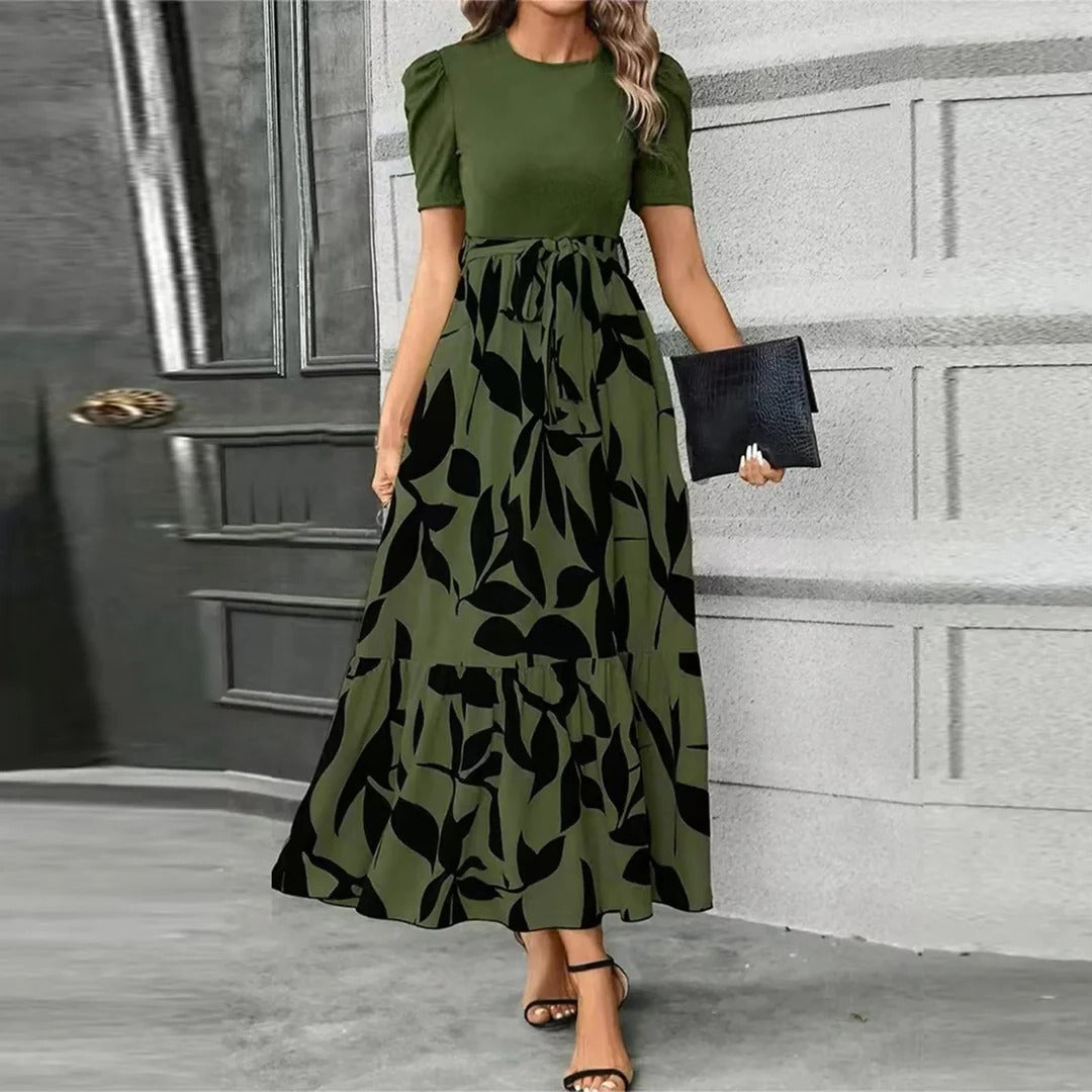 Women's floral print high-waist tie-front maxi dress with adjustable bow, elegant A-line silhouette