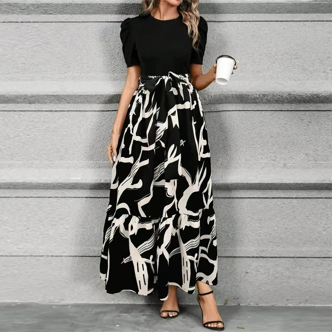 Women's floral print high-waist tie-front maxi dress with adjustable bow waist, elegant A-line silhouette