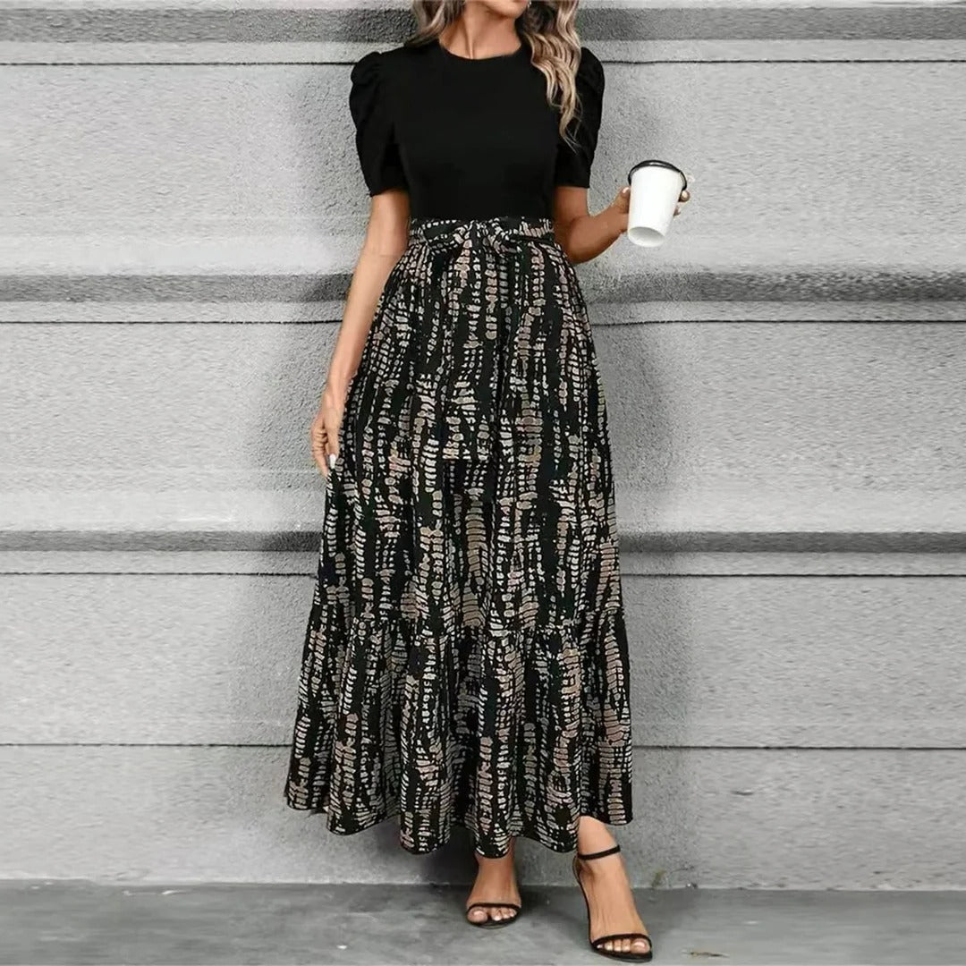 Women's floral print high-waist tie-front maxi dress with adjustable bow waist, elegant A-line silhouette