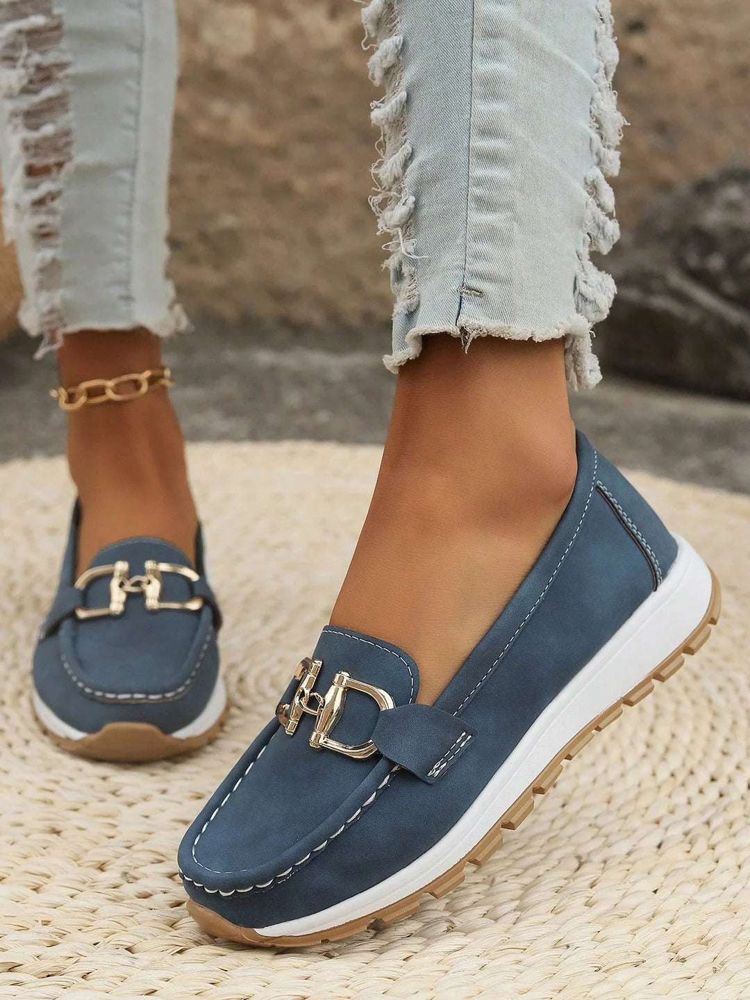 Urbann-Vibe women's slip-on loafers with gold buckle detail, flat wedge sole, polished everyday style