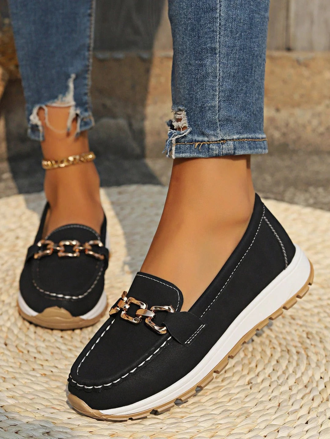Women's slip-on loafers with gold buckle detail, flat wedge sole, polished everyday style