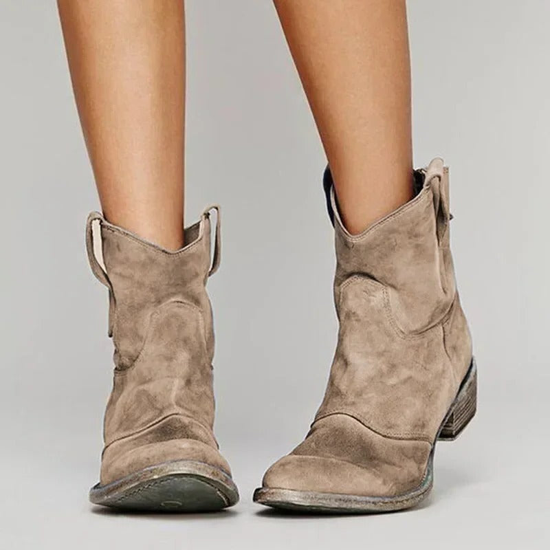 Women's western ankle boots pull-on dual tabs low block heel denim-ready versatile everyday comfort