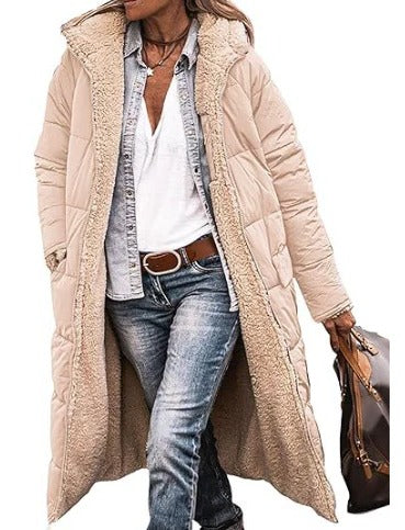 Women's longline quilted padded coat with hood, sleek silhouette for cold-weather everyday warmth