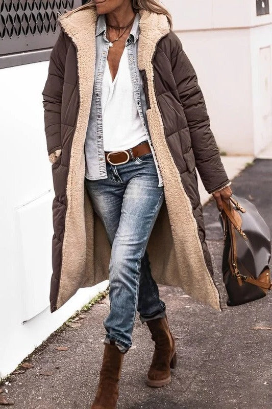 Women's longline quilted padded coat with hood, streamlined silhouette for winter warmth and layering