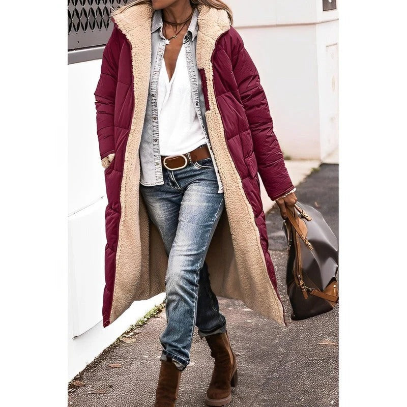 Women's longline quilted padded coat with hood, streamlined silhouette for winter warmth and daily wear
