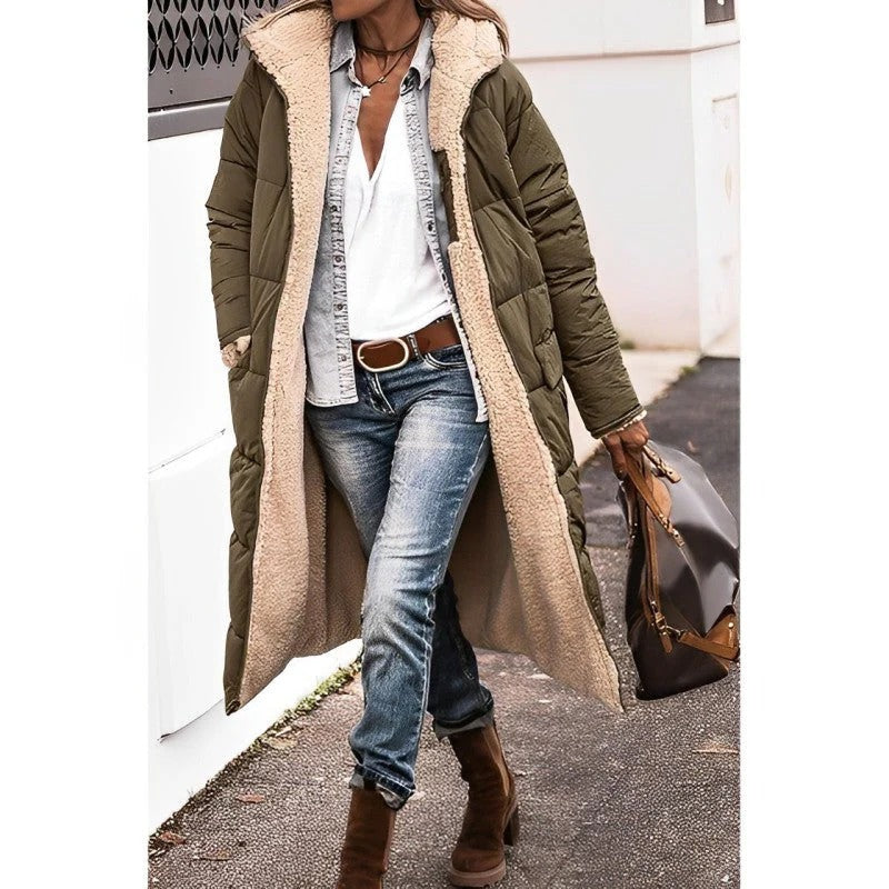 Women's longline quilted padded coat with hood, streamlined silhouette for winter warmth and all-day comfort