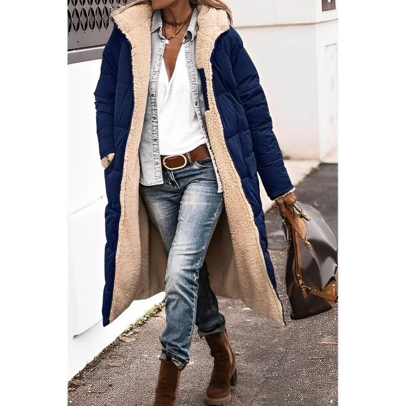 Women's longline quilted padded coat with hood, streamlined silhouette for winter warmth and daily wear
