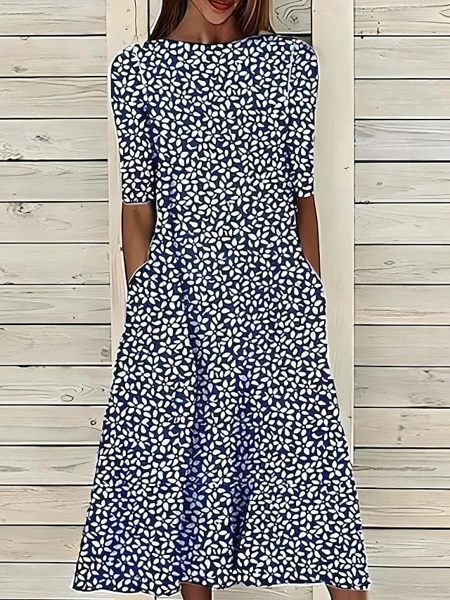 Floral A-line midi dress with high neckline, lightweight breezy fabric, relaxed silhouette for women