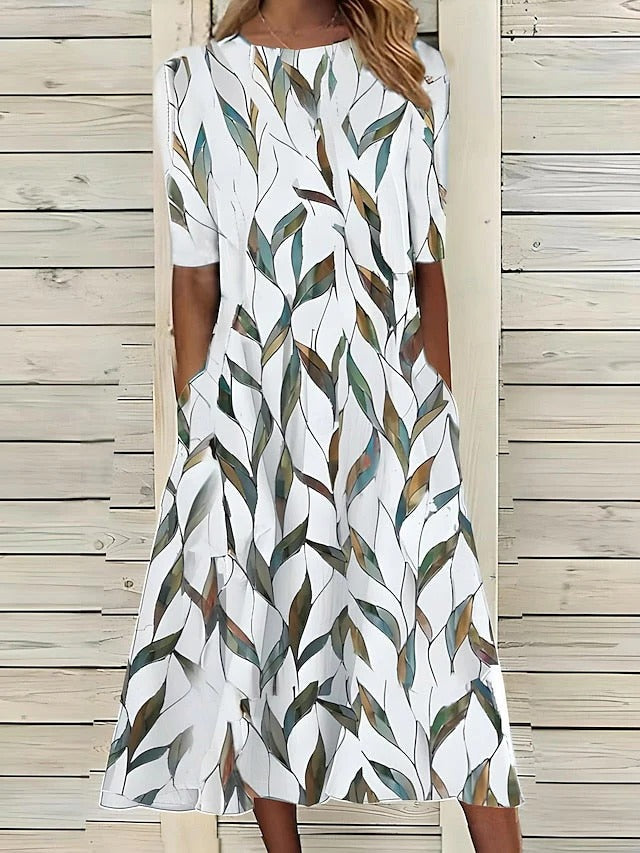 Floral A-line midi dress high neckline lightweight breezy everyday women casual spring summer style