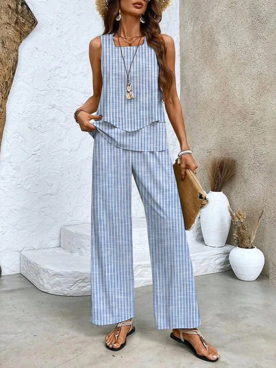 Women's two-piece summer set layered sleeveless top wide-leg trousers breezy vacation-ready chic