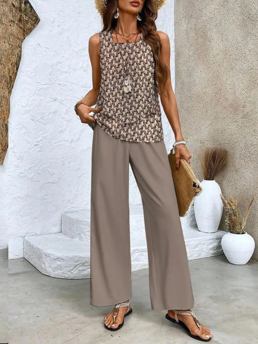 Women's two-piece summer set breezy layered sleeveless top wide-leg trousers chic vacation outfit