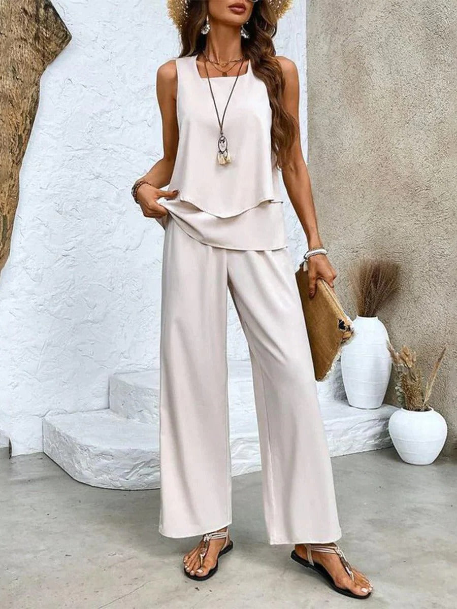 Women's two-piece summer set breezy layered sleeveless top wide-leg trousers vacation chic outfit