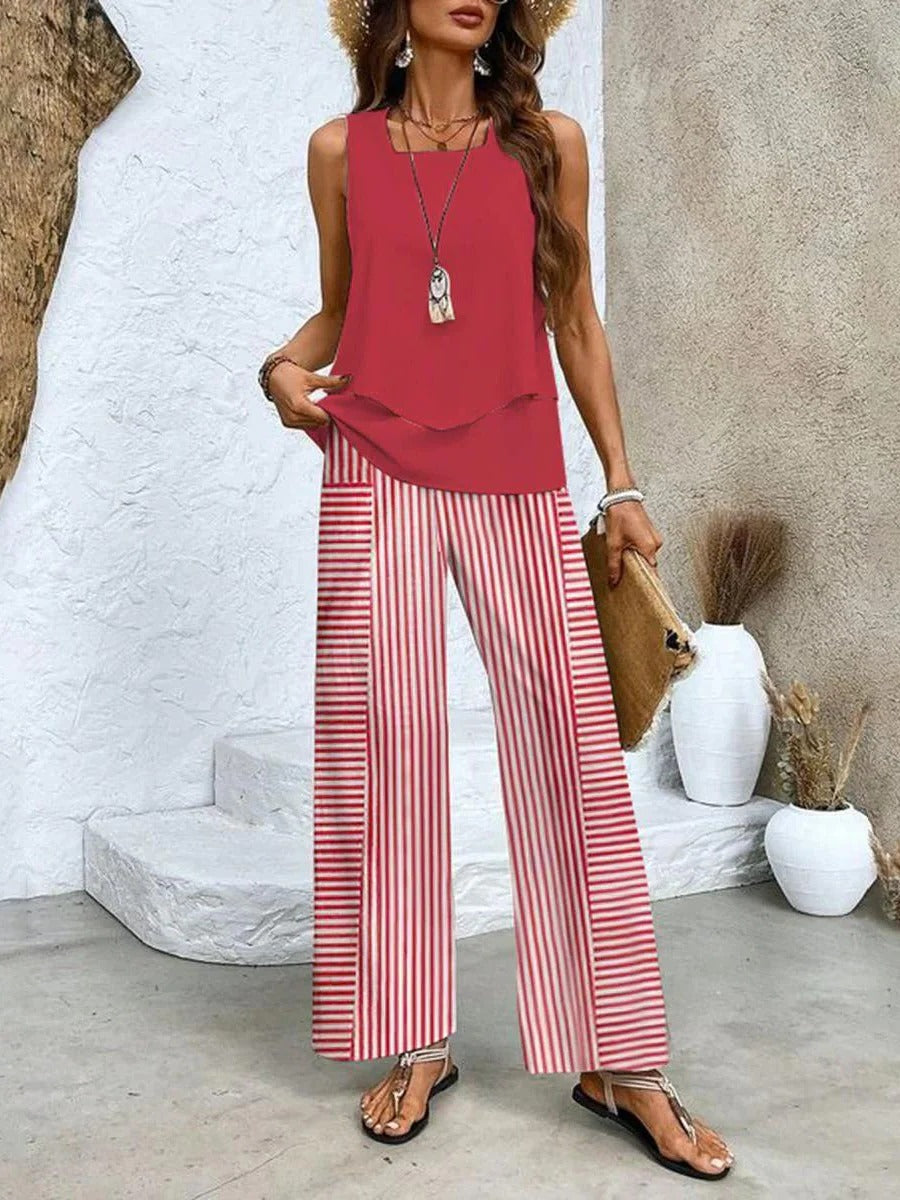 Women's two-piece summer set breezy layered sleeveless top wide-leg trousers vacation chic outfit