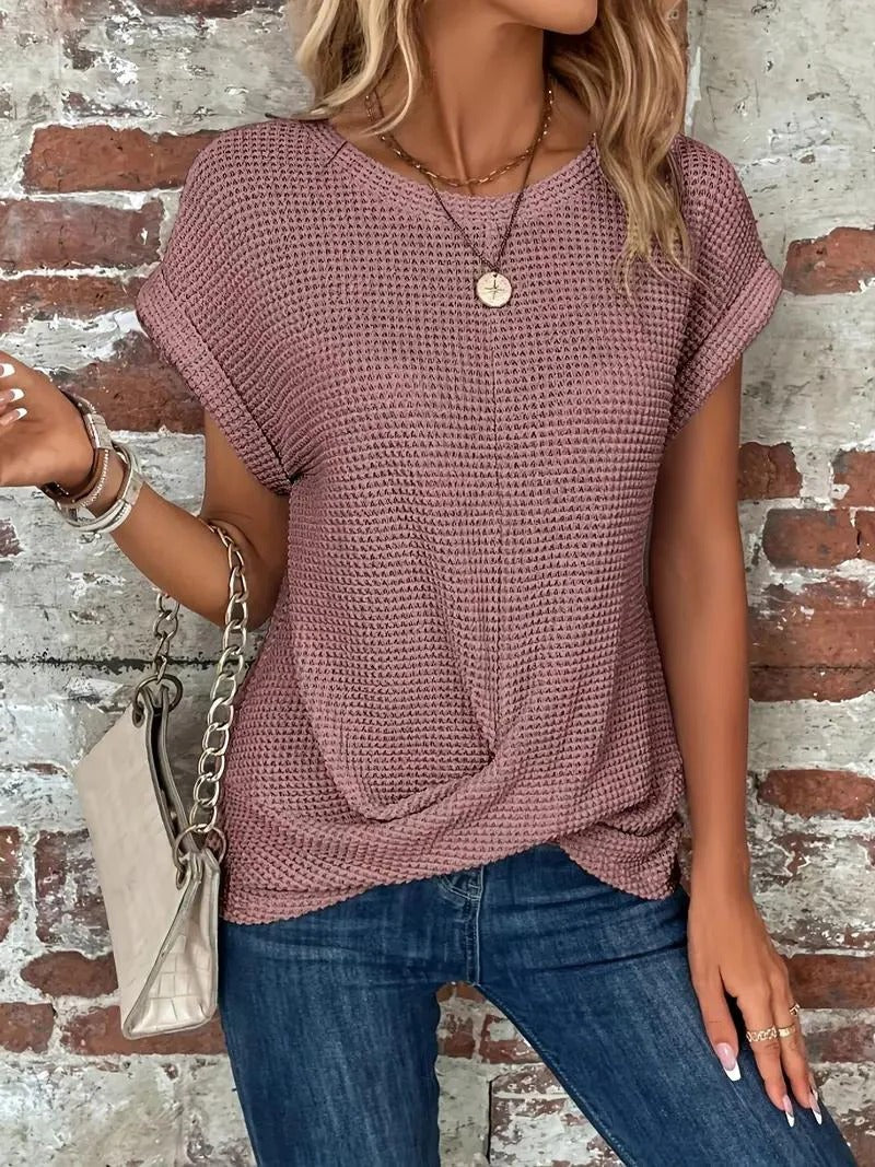 Beige waffle knit relaxed t-shirt with front twist-knot hem detail for women