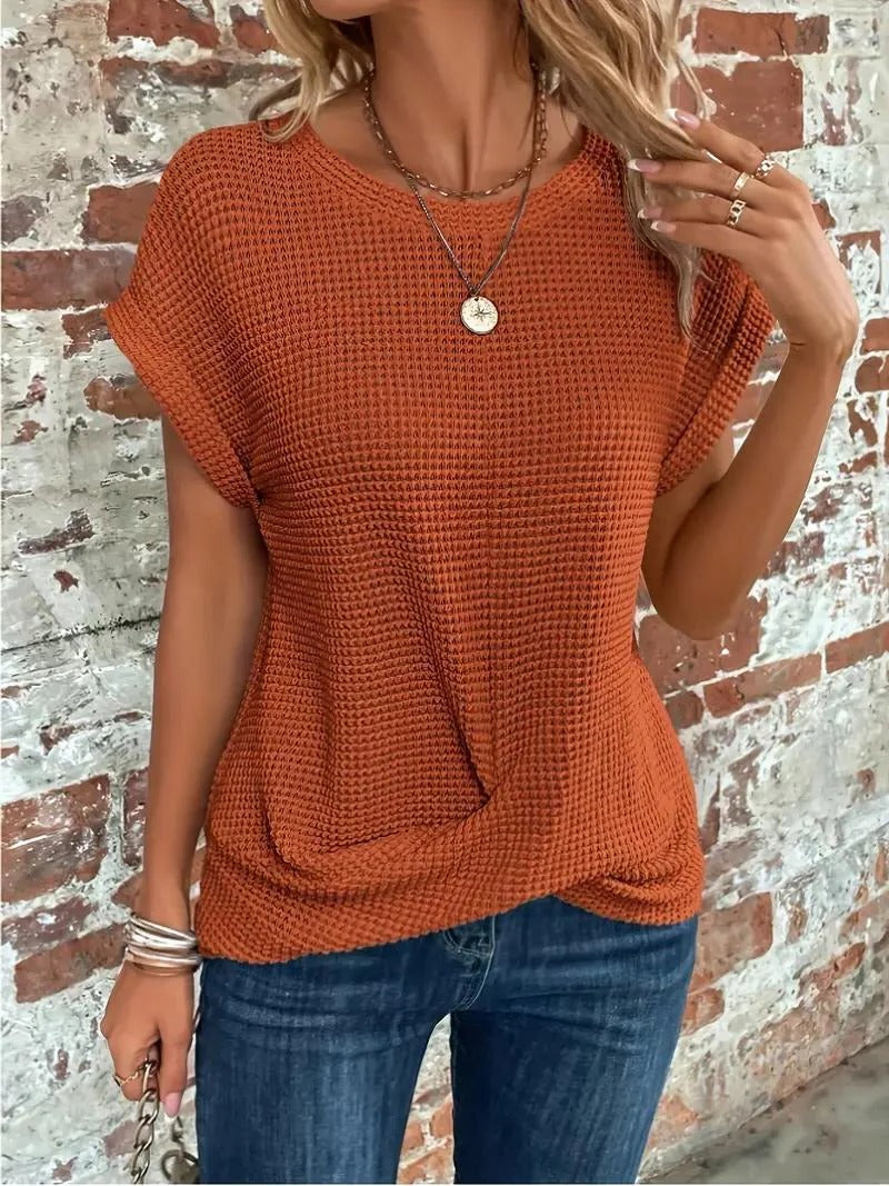 Beige waffle knit relaxed t-shirt with front twist-knot hem, breathable everyday casual tee