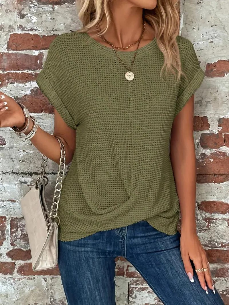 Beige waffle knit relaxed t-shirt with front twist-knot hem detail for women