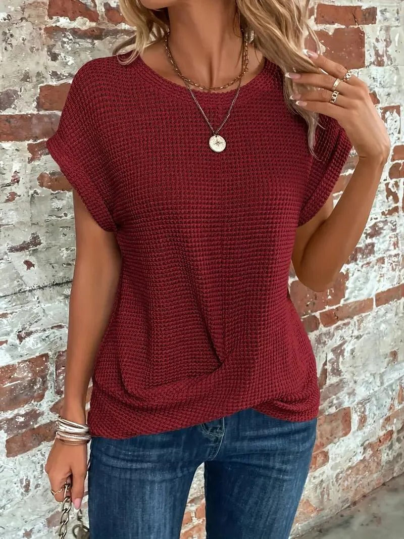Beige waffle knit relaxed t-shirt with front twist-knot hem detail for women