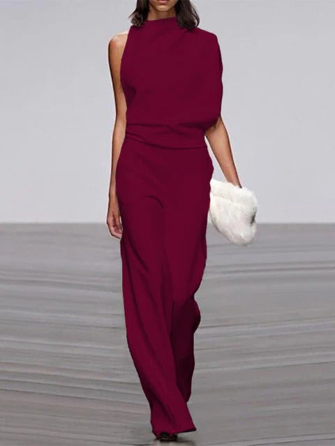 Women's sleeveless wide-leg jumpsuit with flowy silhouette and round neckline for effortless warm-weather style