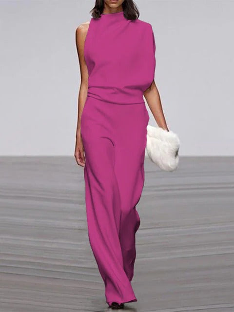 Women's sleeveless wide-leg jumpsuit with flowy silhouette and round neckline for effortless warm-weather style