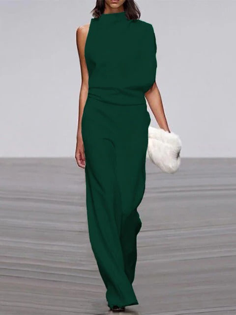 Women's sleeveless wide-leg jumpsuit with flowy silhouette, round neckline, effortless one-piece style