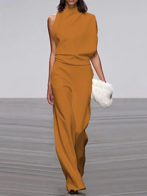 Women's sleeveless wide-leg jumpsuit with flowy silhouette, round neckline, effortless warm-weather style