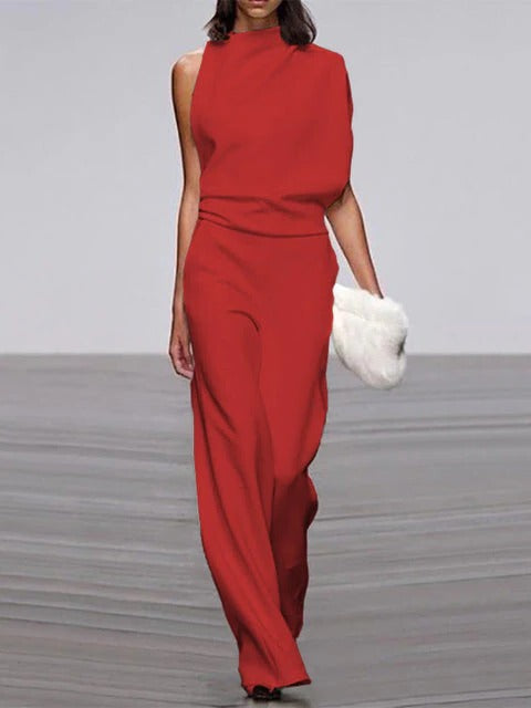 Women's sleeveless wide-leg jumpsuit with flowy silhouette and round neckline for effortless warm-weather style