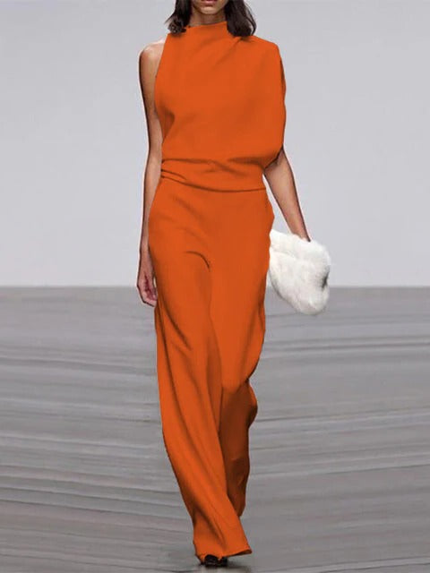 Women's sleeveless wide-leg jumpsuit with flowy silhouette, round neckline, effortless all-day style