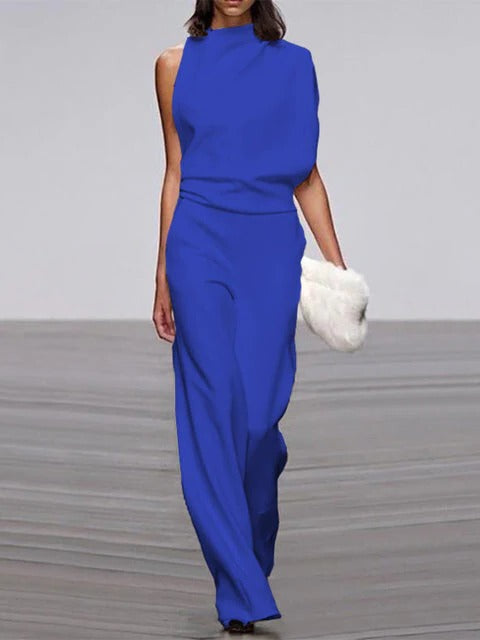 Women's sleeveless wide-leg jumpsuit with flowy silhouette, round neckline, perfect for warm-weather style