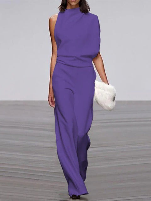 Women's sleeveless wide-leg jumpsuit with flowy silhouette, round neckline, effortless warm-weather style