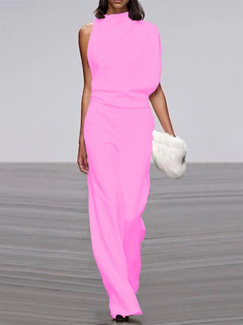 Women's sleeveless wide-leg jumpsuit with flowy silhouette and round neckline for effortless warm-weather style