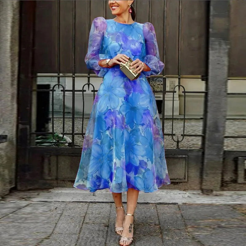 Floral midi dress with sheer long sleeves, lightweight layered construction for women