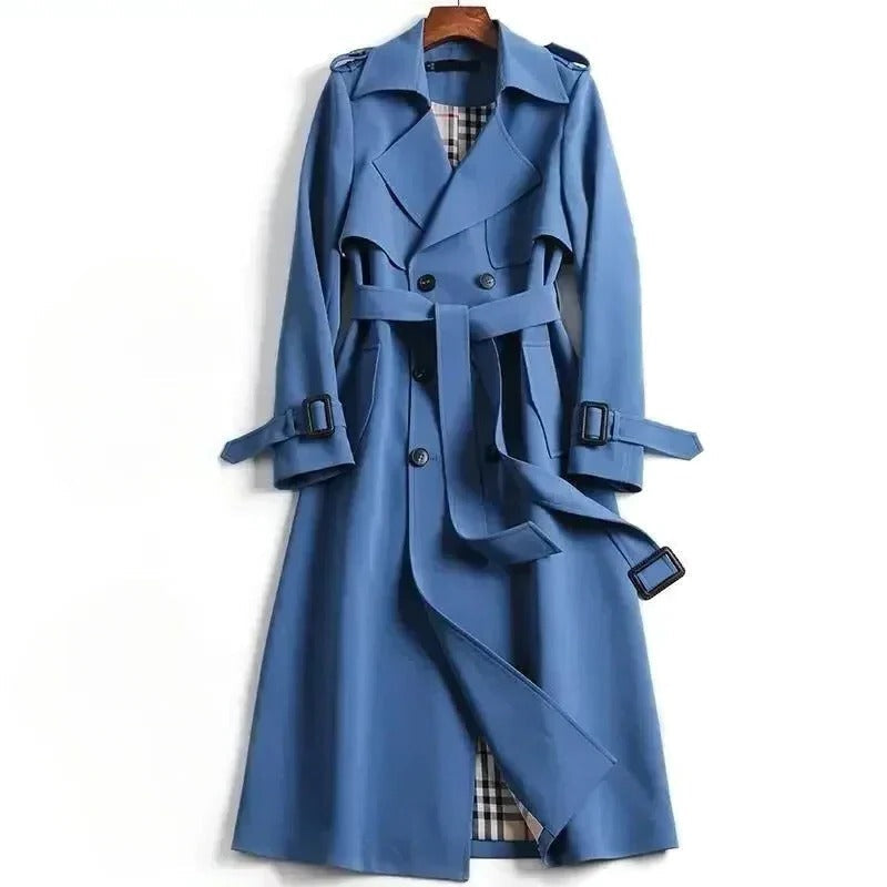 Women's mid-length structured trench coat in classic style with polished silhouette for all-weather wear