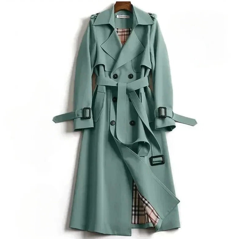 Women's mid-length structured trench coat in neutral tone, polished silhouette for all-weather wear