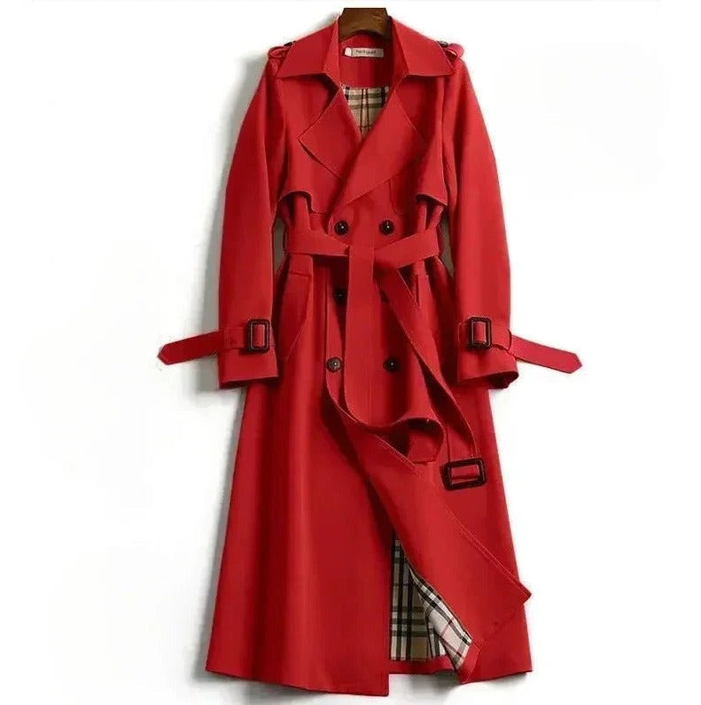 Women's mid-length structured trench coat in classic style with polished silhouette for all-weather wear