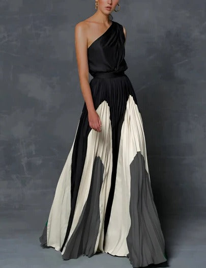 Elegant one-shoulder asymmetrical pleated maxi dress with sculpted bodice, formal gown for weddings