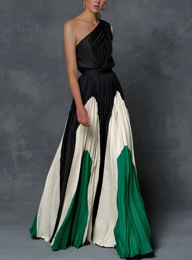 Elegant one-shoulder asymmetrical pleated maxi dress sculpted silhouette formal gown for weddings