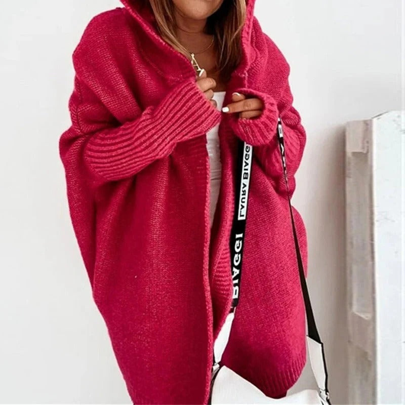 Neutral hooded knit cardigan oversized relaxed silhouette open-front casual layering piece