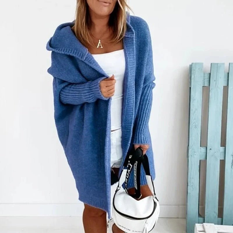 Oversized hooded knit cardigan relaxed fit cozy layering style with extra-coverage hood for casual wear