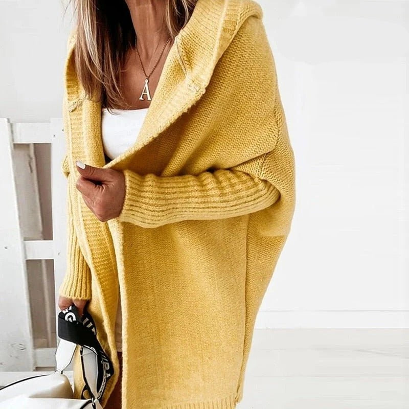Oversized hooded knit cardigan relaxed silhouette cozy layering casual everyday style with chunky hood