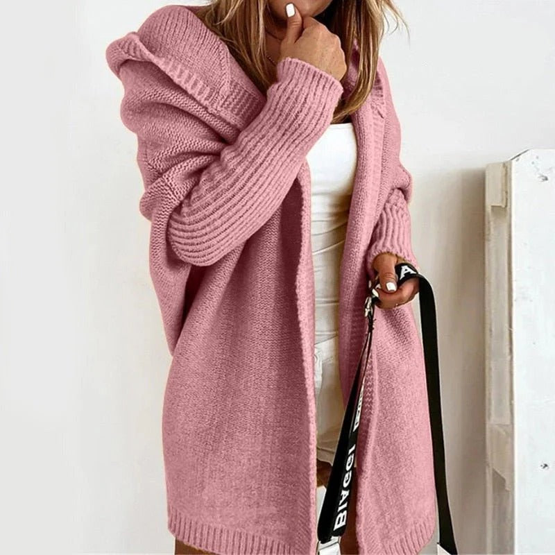 Hooded knit cardigan oversized hood relaxed silhouette cozy layering casual everyday style
