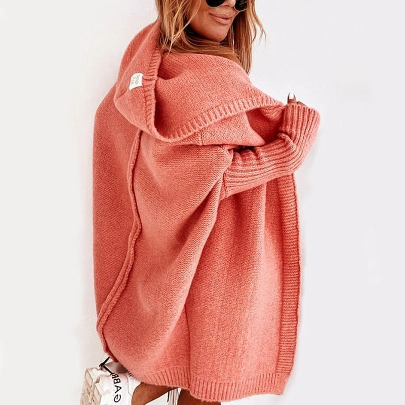 Oversized hooded knit cardigan relaxed fit cozy layering piece with chunky hood for casual everyday wear