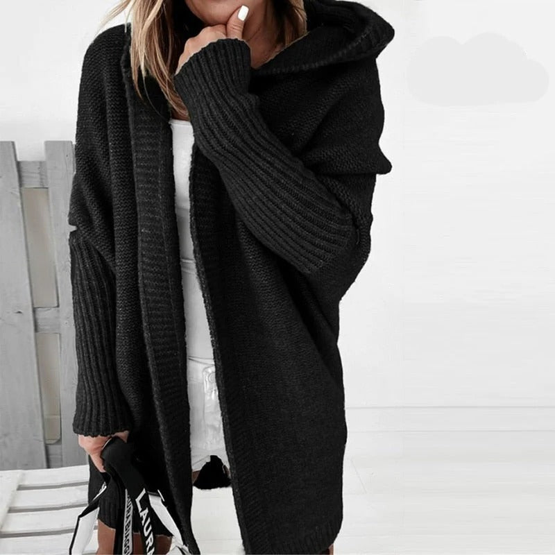 Neutral hooded knit cardigan oversized relaxed fit with chunky open-front design for casual layering