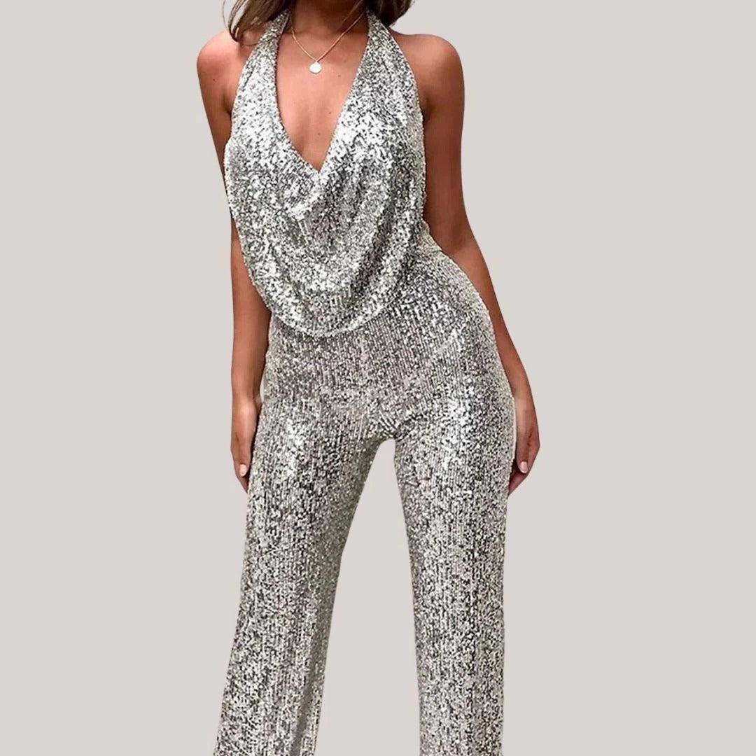 Silver sequin halter jumpsuit wide-leg draped V-neckline formal evening statement piece