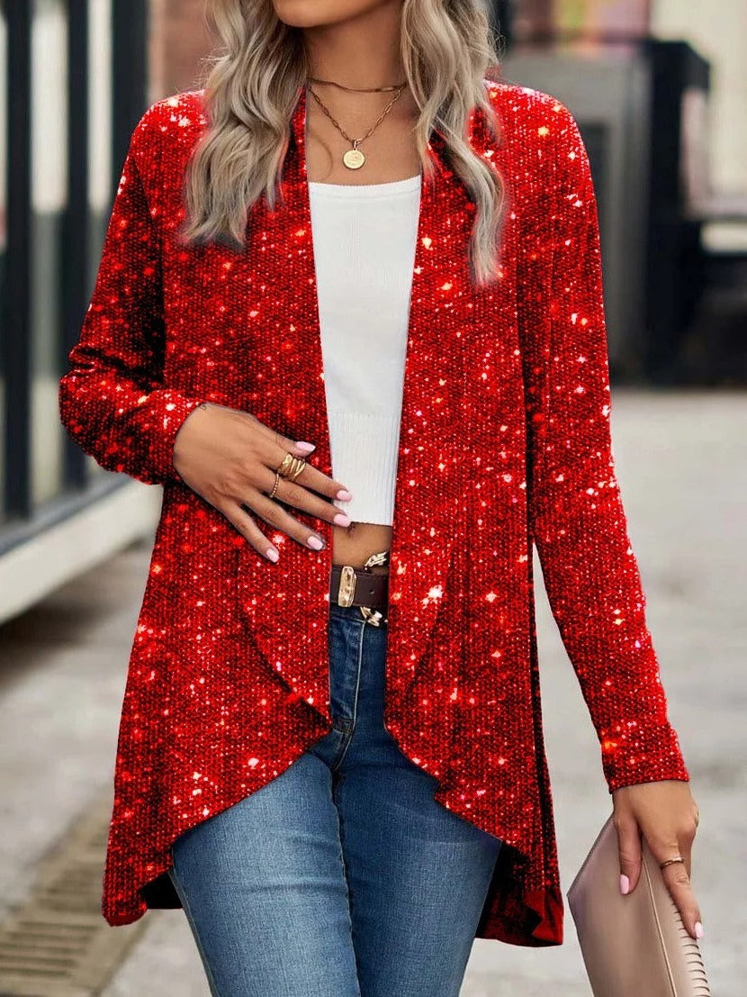 Women's silver sequin open-wrap cardigan hip-length glitter lightweight layering piece