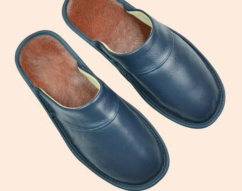 Men's brown leather slip-on slippers with cushioned ergonomic footbed for lightweight home comfort