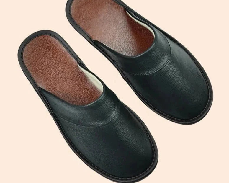 Men's brown leather slip-on slippers cushioned ergonomic footbed lightweight casual home comfort