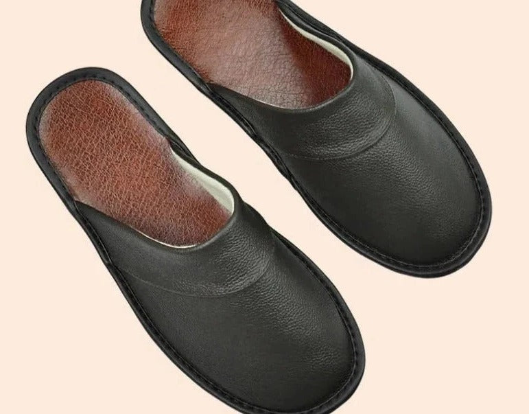 Men's brown leather slip-on slippers lightweight cushioned ergonomic footbed casual home comfort
